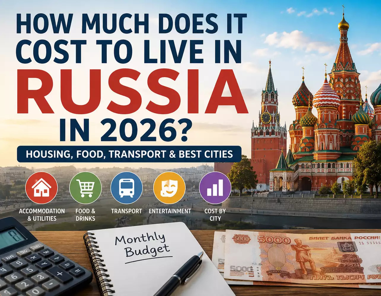 Cost of Living in Russia in 2026: Housing, Food, Transport and Best Cities for Expats Cost of living in Russia in 2026 infographic featuring Moscow skyline, housing, food, transport and monthly living expenses
